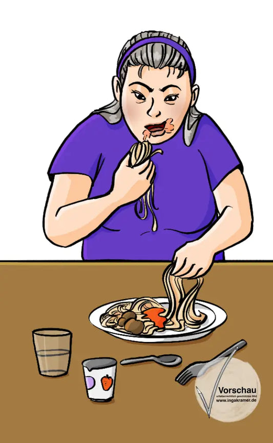 Eine Frau isst mit den Händen Spaghetti. Ihr Mund ist mit Sauße beschmiert.