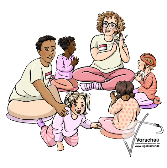 Ein Mann und eine Frau mit Namensschildern und drei Kinder sitzen im Kreis und klatschen. Ein Kind krabbelt davon, der Mann hält es an der Schulter fest.