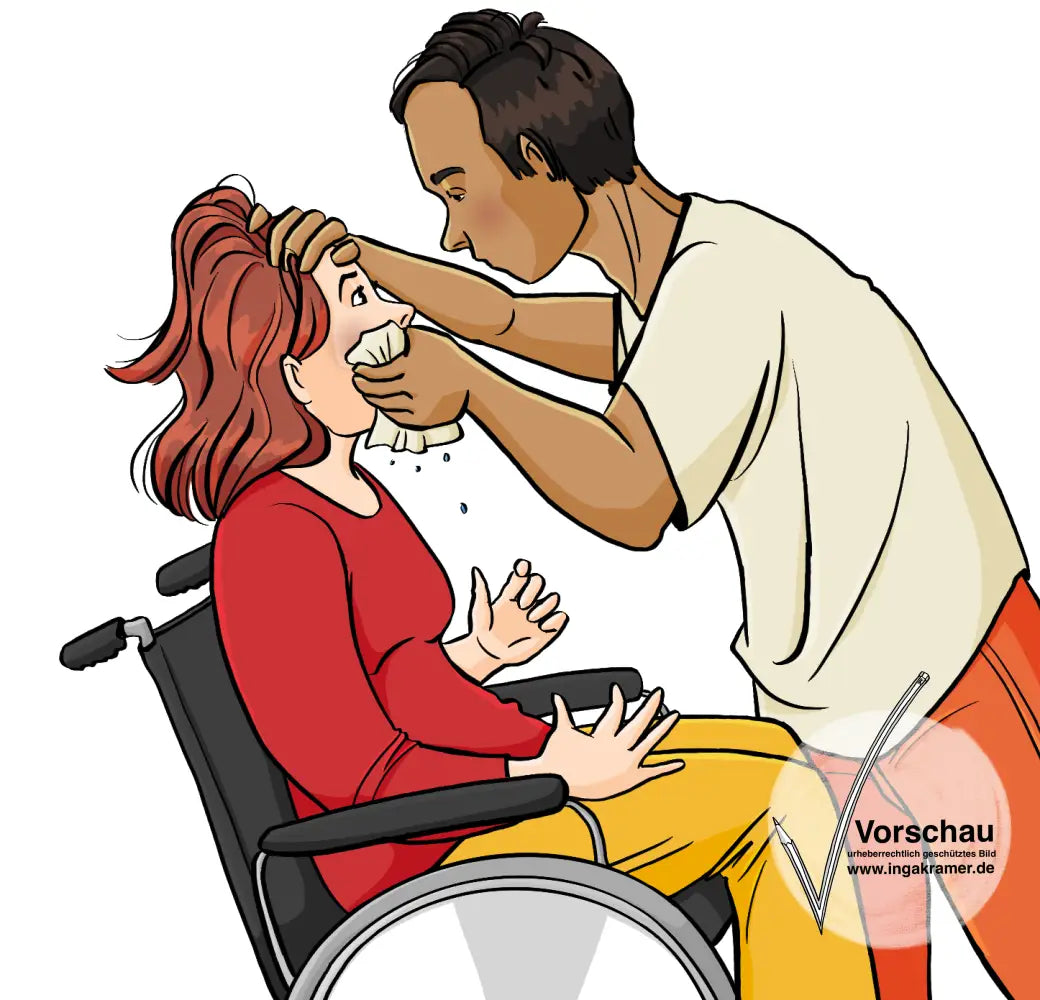 Ein Mann wischt einer Frau im Rollstuhl fest den Mund ab. Die Frau schaut erschrocken.