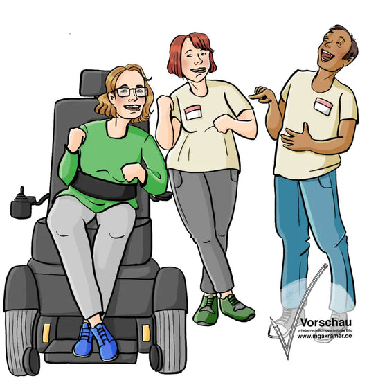 Eine Frau und ein Mann mit Namensschildern zeigen auf eine Frau mit einer Spastik und einem Rollstuhl. Sie machen die Handhaltung der Frau nach und lachen.