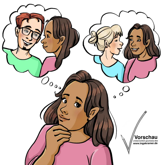 Eine Frau schaut nachdenklich. In einer Denkblase ist die gleiche Frau mit einem Mann, sie lächeln sich an. In einer anderen Denkblase ist die gleiche Frau mit einer anderen Frau, sie lachen.