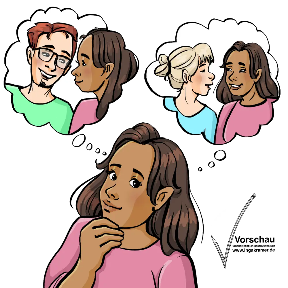 Eine Frau schaut nachdenklich. In einer Denkblase ist die gleiche Frau mit einem Mann, sie lächeln sich an. In einer anderen Denkblase ist die gleiche Frau mit einer anderen Frau, sie lachen.