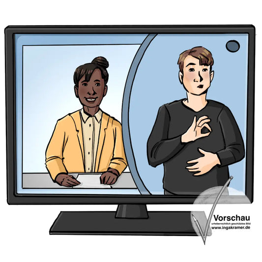 Ein Fernseher. Auf dem Bildschirm sind eine Sprecherin und ein Gebärdendolmetscher.