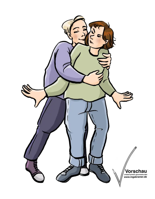 Ein Mann umarmt eine Frau von hinten. Die Frau schaut ärgerlich und hat eine abwehrende Haltung.&nbsp;