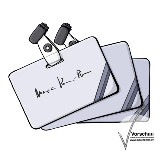 Drei Namensschilder zum Anklammern.