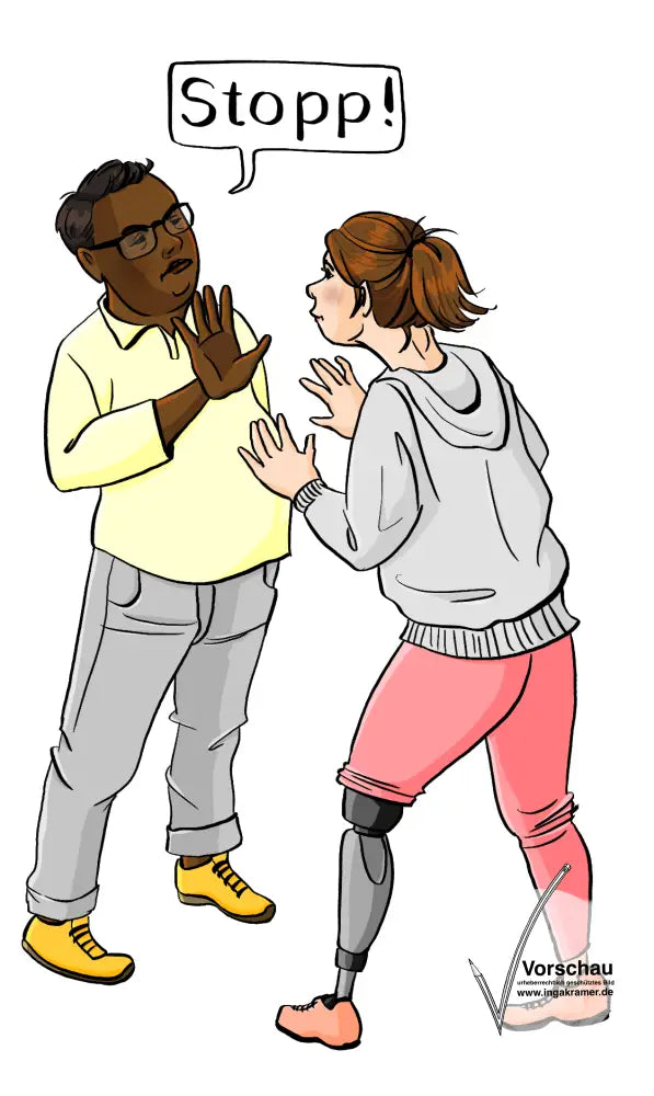 Eine Frau kommt auf einen Mann zu. Der Mann hebt abwehrend die Hände und sagt: Stopp.