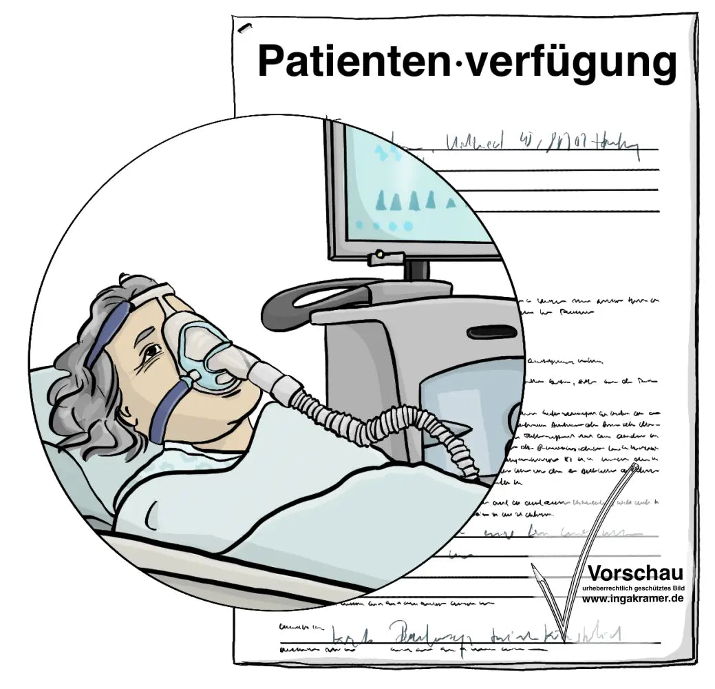 Eine ältere Frau in einem Krankenhausbett. Sie trägt einen Sauerstoffmaske. Dahinter ist ein Formular mit der Aufschrift: Patientenverfügung.