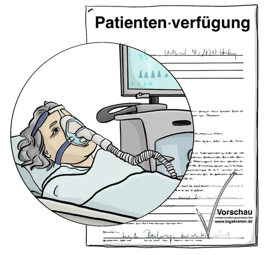 Eine ältere Frau in einem Krankenhausbett. Sie trägt einen Sauerstoffmaske. Dahinter ist ein Formular mit der Aufschrift: Patientenverfügung.