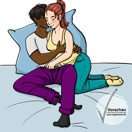 Ein Jugendlicher und eine Jugendliche sitzen auf einem Bett und Kuscheln.