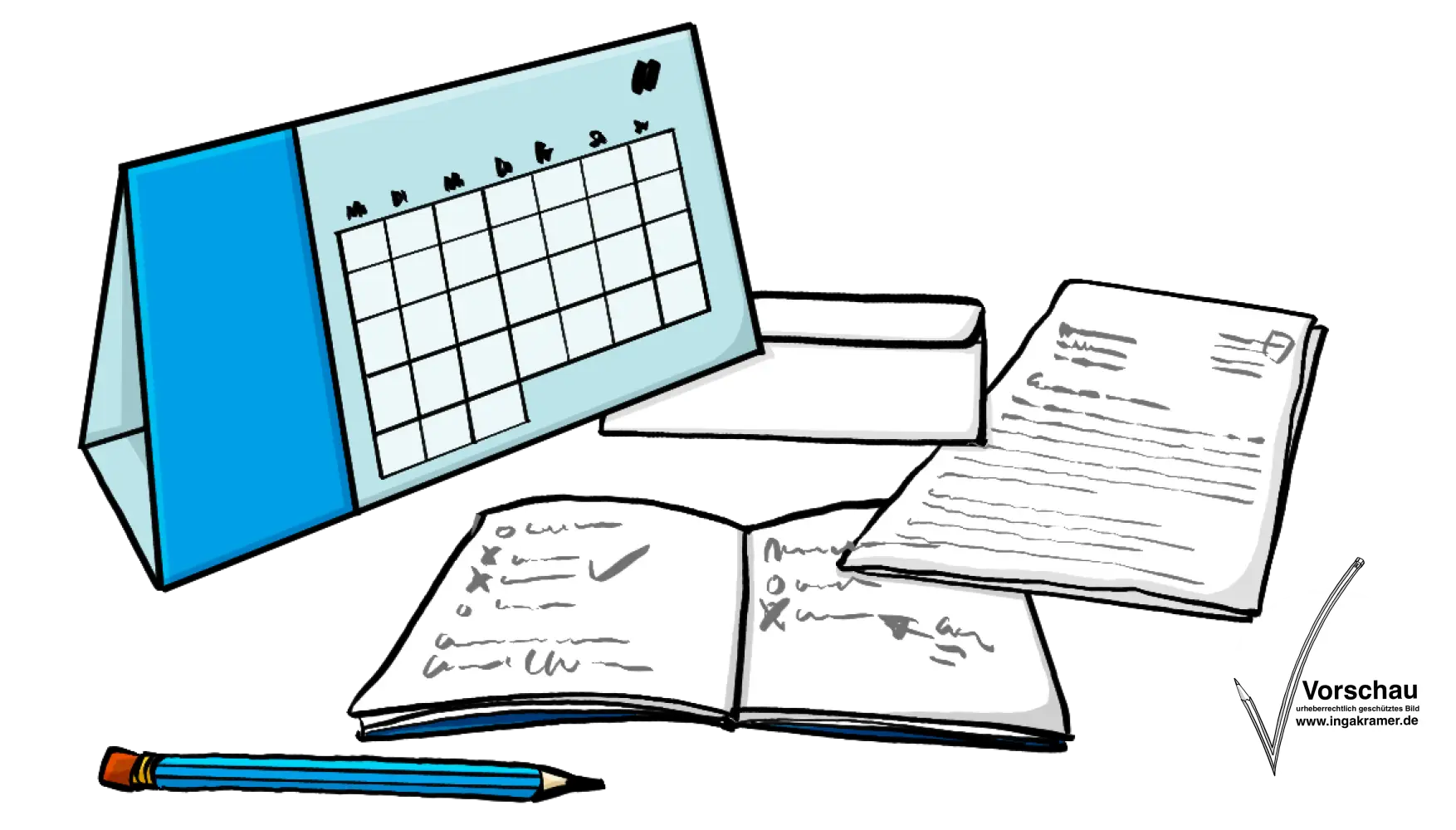 Ein Kalender, Ein Brief, Ein Notizheft und ein Bleistift.