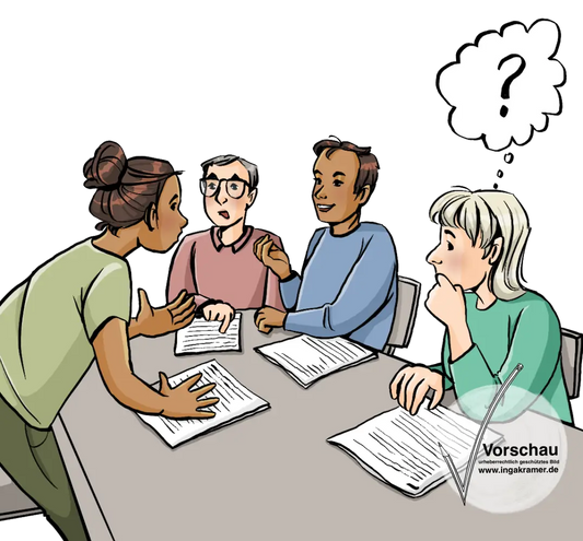 Vier Personen sitzen am Tisch und diskutieren. Eine Frau sitzt etwas abseits und hat ein Fragezeichen über dem Kopf.