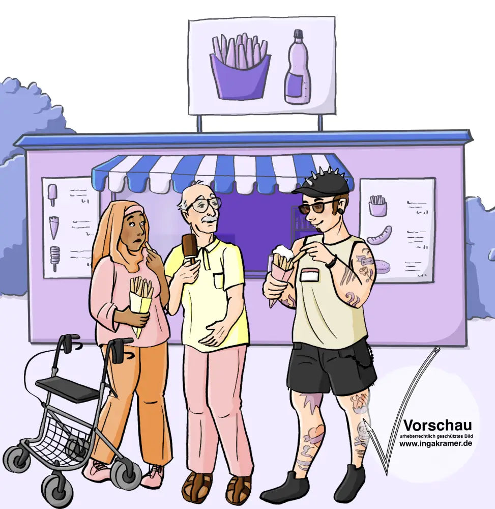 Eine Frau mit Rollator und ein älterer Mann stehen vor einer Pommesbude. Sie schauen ängstlich zu einem anderen Mann mit vielen Tattoos. Alle drei essen Pommes oder Eis.