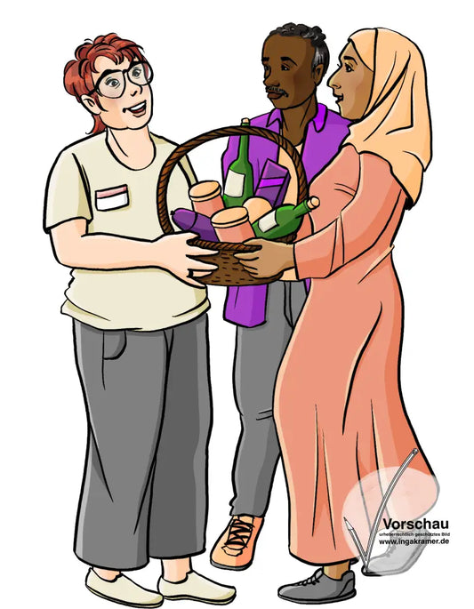 Ein Mann und eine Frau überreichen einer Fachkraft einen Korb mit essen und trinken.