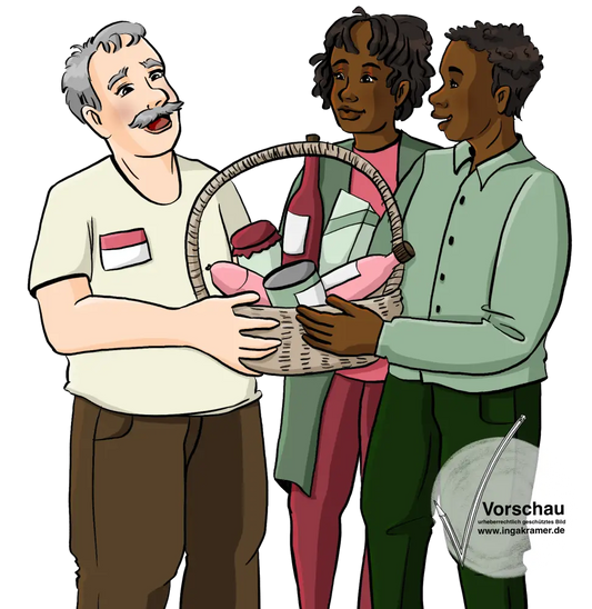 Ein Mann und eine Frau überreichen einem Mann mit Namensschild einen Korb mit essen und trinken. 