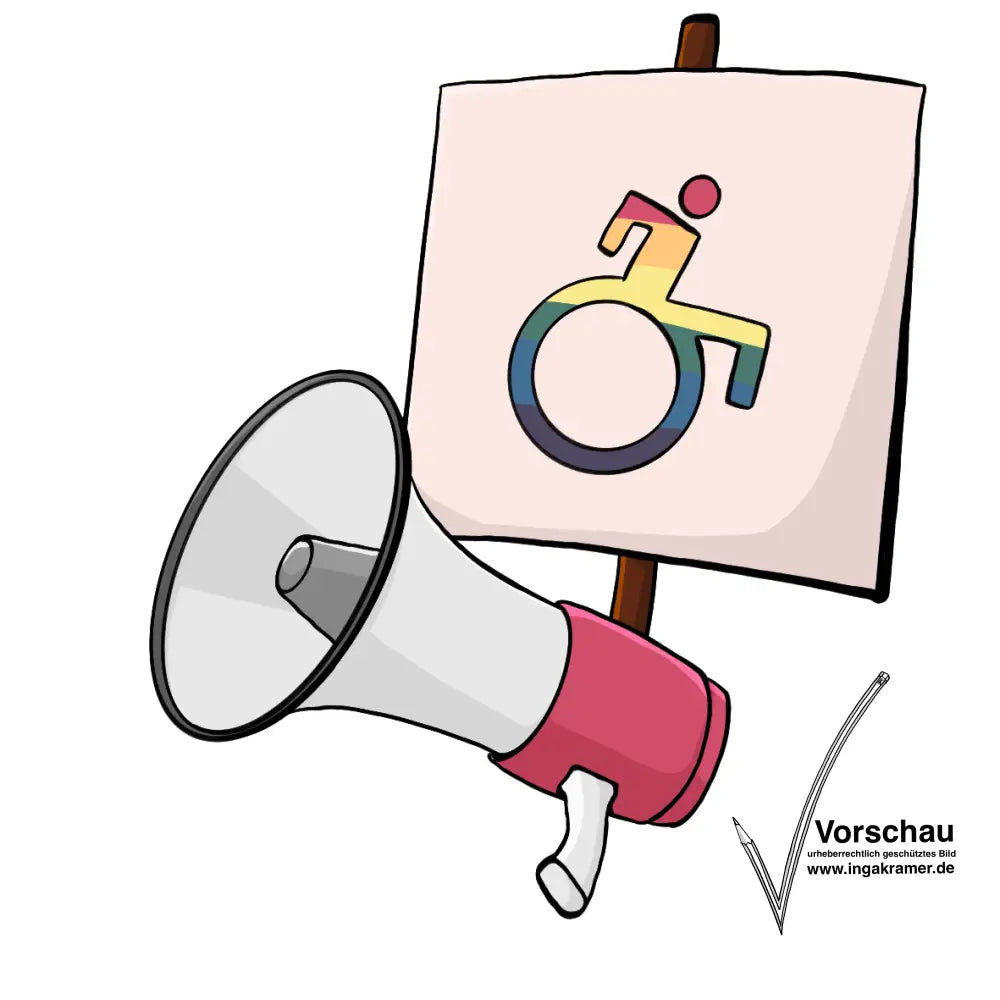 Ein Megafon vor einem Schild mit Rollstuhl-Symbol in Regenbogenfarben.