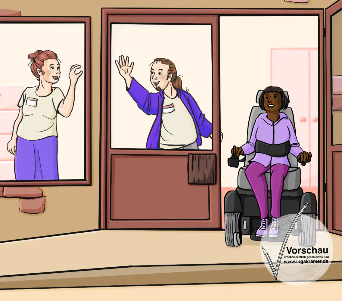 Eine Frau im Rollstuhl fährt durch eine Tür nach draußen. Hinter ihr winkt eine Fachkraft einer anderen Fachkraft.