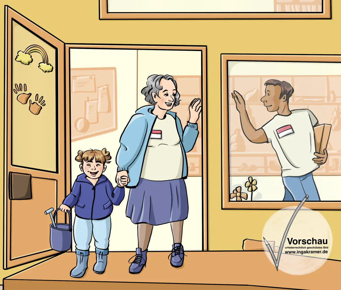 Eine Fachkraft mit einem Kind an der Hand geht durch eine Tür nach draußen. Sie winkt einer andern Fachkraft.