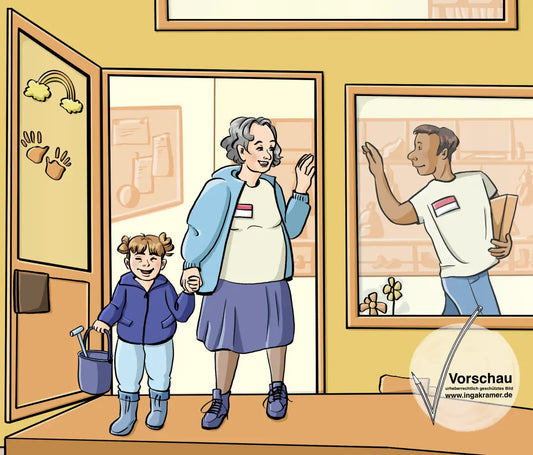 Eine Fachkraft mit einem Kind an der Hand geht durch eine Tür nach draußen. Sie winkt einer andern Fachkraft.