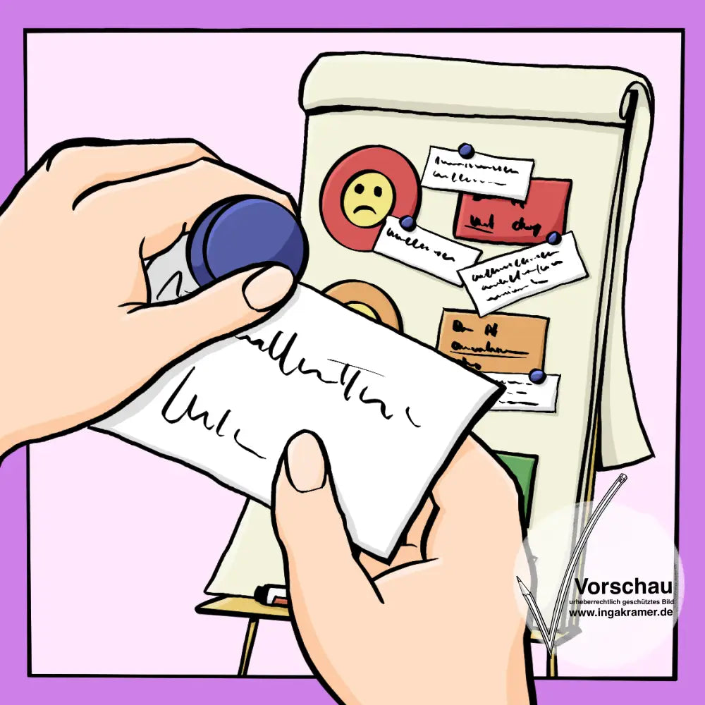 Eine Hand hält einen Zettel und einen Magneten. Im Hintergrund ist eine Flipchart mit Zetteln und Smileys.