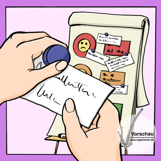 Eine Hand hält einen Zettel und einen Magneten. Im Hintergrund ist eine Flipchart mit Zetteln und Smileys.