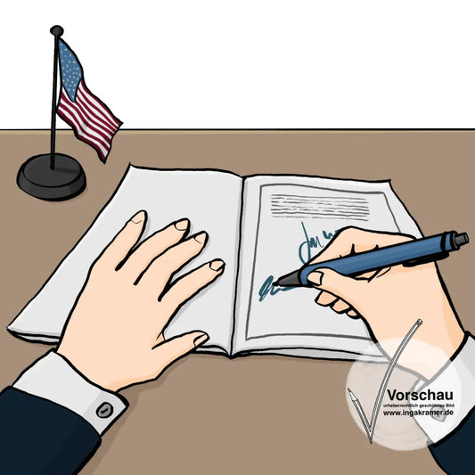 Jemand unterschreibt ein Dokument. Auf dem Tisch steht eine kleine USA-Fahne.