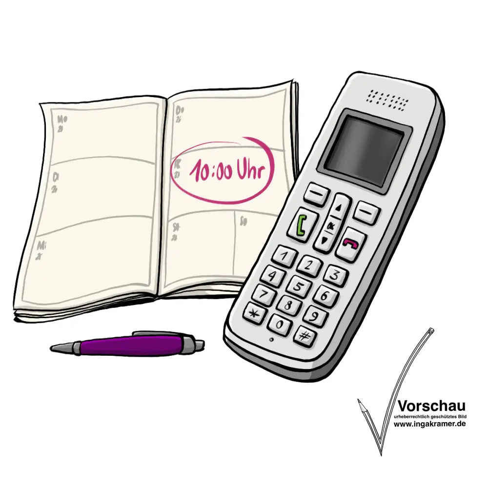 Ein Telefon und ein Terminkalender. Im Kalender steht: 10:00 Uhr.