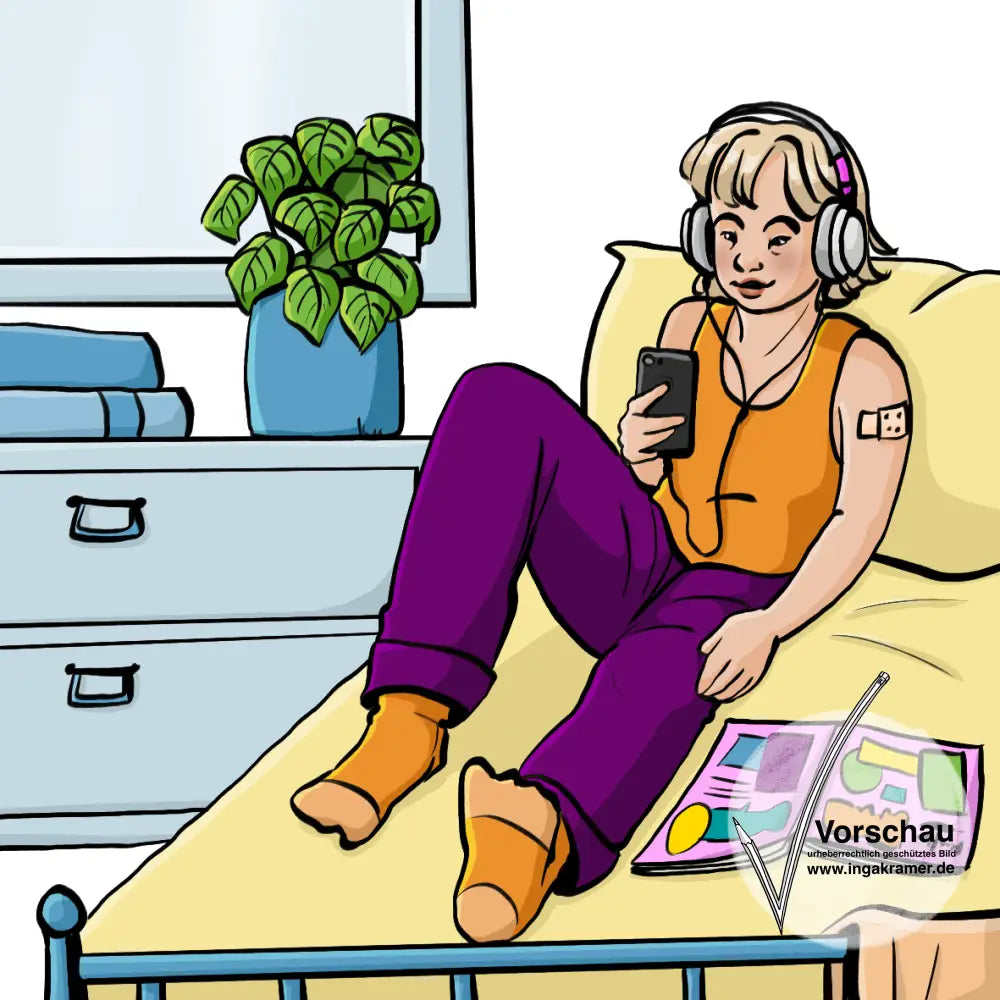 Eine Jugendliche mit einem Pflaster auf dem Arm sitzt auf ihrem Bett und hört Musik.