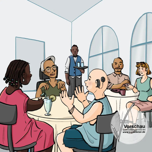 Eine Gruppe Menschen mit Behinderungen sitzt an einem Tisch im Restaurant. An einem anderen Tisch sitzen eine Frau und ein Mann und schauen ärgerlich. Im Hintergrund steht ein Kellner.