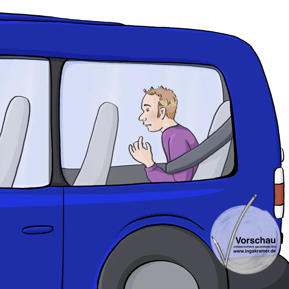 Eine Mann sitz allein auf dem Rücksitz eines Kleinbusses.