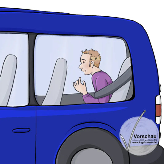 Eine Mann sitz allein auf dem Rücksitz eines Kleinbusses.