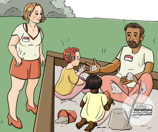 Zwei Kinder und ein Mann mit langer Hose und Namensschild sitzen im Sandkasten. Daneben steht eine Frau mit Namensschild. Sie trägt ein Shirt mit tiefem Ausschnitt, einen kurzen Rock und hochhackige Schuhe.