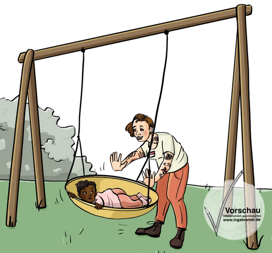 Eine Frau mit Namensschild und vielen Tattoos schubst ein Kind in einer Korbschaukel an. Das Kind schaut unsicher.