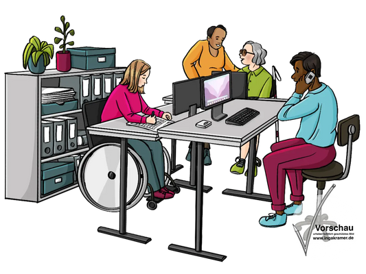 Eine Gruppe Menschen mit und ohne Behinderungen in einem Büro. Sie telefonieren und arbeiten am Computer. Ein Schreibtisch ist etwas höher als die anderen.