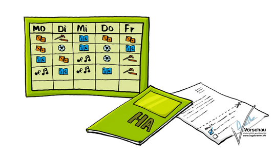 Ein Stundenplan, ein Schulheft und ein unterschriebener Zettel.