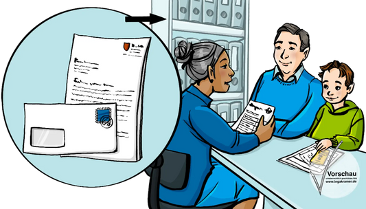 Eine Frau, ein Mann und ein Kind sitzen sich an einem Schreibtisch gegenüber. In einem Kreis ist ein Bild von einem offiziellen Brief.