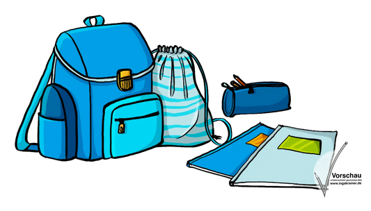Ein Tornister, ein Turnbeutel, ein Etui und Schulhefte.