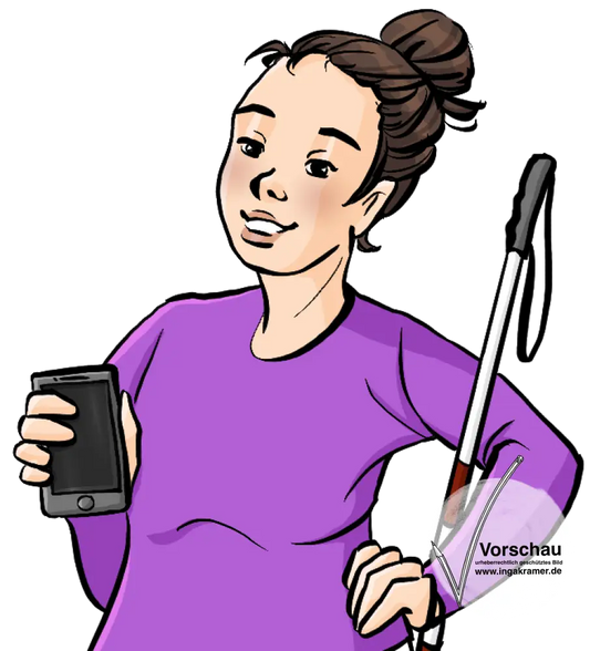 Eine Frau mit Blindenstock hält ein Smartphone in der Hand.