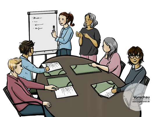 Menschen sitzen um einen Tisch herum. Auf dem Tisch liegen Mappen und Papiere. Eine Frau zeigt auf eine Flipchart. Neben der Flipchart steht eine Gebärdensprachdolmetscherin.