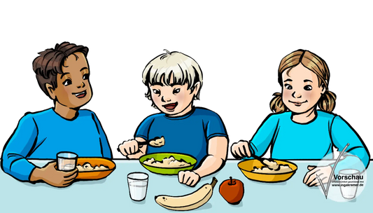 Drei Kinder sitzen an einem Tisch und essen.