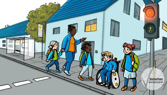 Eine Frau und vier Schulkinder mit Tornistern gehen an einer Straße entlang.