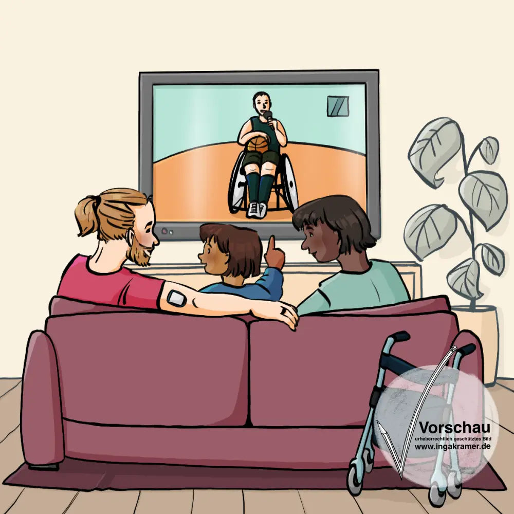 Ein Mann, eine Frau und ein Kind sitzen auf dem Sofa, das Kind zeigt auf den Fernseher. Im Fernseher spricht gerade ein Basketballspieler im Rollstuhl. Hinter dem Sofa steht eine Gehhilfe.