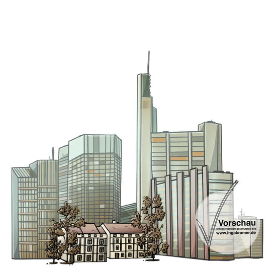 Eine Reihe von Hochhäusern. Im Vordergrund stehen kleinere Häuser und Bäume.