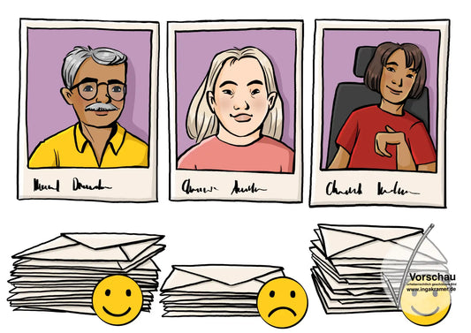 Bilder von drei Personen. Vor jedem Bild ist ein Stapel mit verschieden vielen Briefumschlägen. An den beiden größeren Stapeln sind fröhliche smileys. Am kleinsten Stapel ist ein trauriger Smiley.