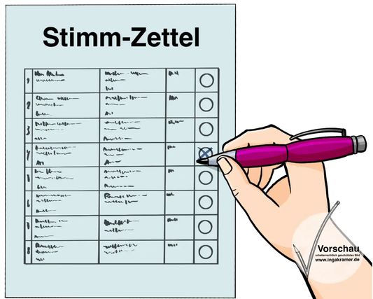 Ein blaues Blatt mit der Aufschrift: Stimmzettel. Sind Kästchen mit unlesbarer Schrift und Kreise. Eine Hand kreuzt einen Kreis an.