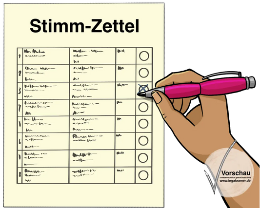 Leichte Sprache Bild:
Stimmzettel_ankreuzen_blau


Freigestelltes PNG.
ca. 10x10 cm
300 dpi
RGB

Alternativtext:
Ein blaues Blatt mit der Aufschrift: Stimmzettel. Sind Kästchen mit unlesbarer Schrift und Kreise. Eine Hand kreuzt einen Kreis an.