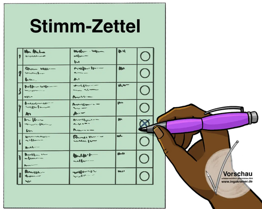 Ein grünes Blatt mit der Aufschrift: Stimmzettel. Sind Kästchen mit unlesbarer Schrift und Kreise. Eine Hand kreuzt einen Kreis an.