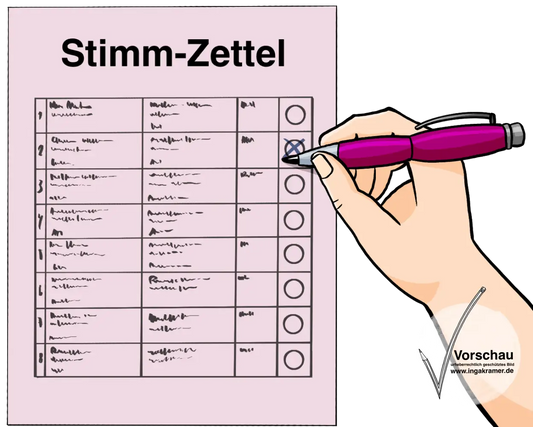 Ein rosa Blatt mit der Aufschrift: Stimmzettel. Sind Kästchen mit unlesbarer Schrift und Kreise. Eine Hand kreuzt einen Kreis an.