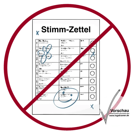 Ein Blatt mit der Aufschrift: Stimmzettel. Auf dem Zettel ist eine Tabelle mit Schrift und Kreisen. Jemand hat einen Smiley und eine Blume auf den Zettel gemalt. Das Bild ist durchgestrichen.