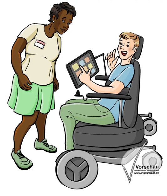 Ein Mann im Rollstuhl tippt auf einen Talker. Eine Frau mit Namensschild hört zu.