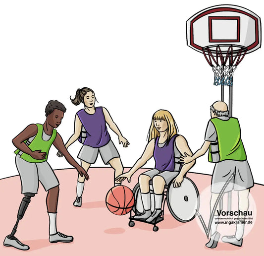 Eine Gruppe Menschen spielt Basketball: Ein junger schwarzer Mann mit Beinprothese, eine junge weißen Frau, eine Frau im Rollstuhl und ein alter Mann. Sie tragen Sporthemdchen, zwei in grün, zwei in lila.